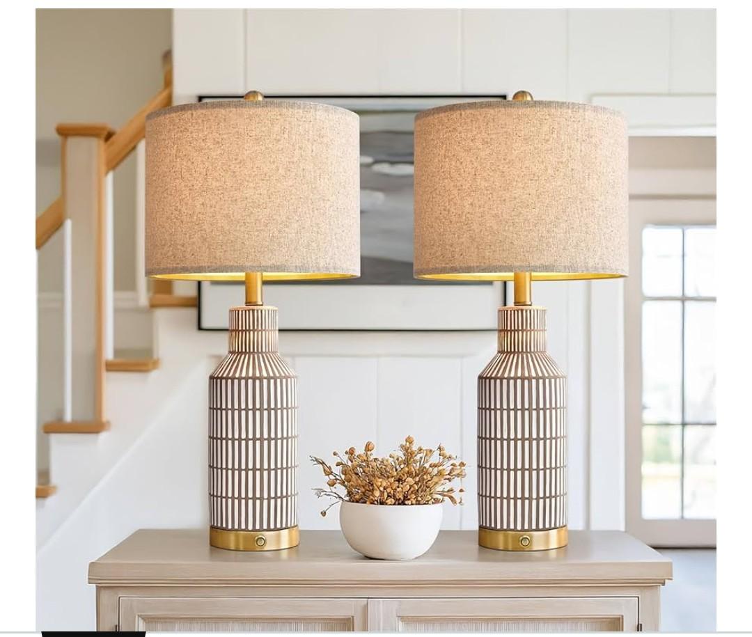 Modern 3-Way Dimmable Touch Control with USB A+C Ceramic Lamps Set of 2 Table Lamp for Living Room Bedroom Farmhouse Nightstand Bedside Brown