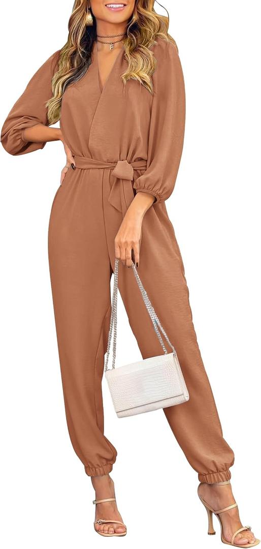 PRETTYGARDEN Women's Fall Jumpsuits Dressy Casual Pants Romper Spring Long Sleeve V Neck Belt Pockets One Piece Outfits (Medium, Camel)