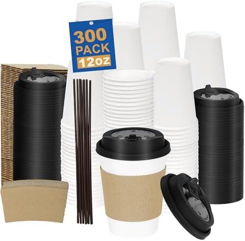 Coolcap 16 oz Disposable Coffee Cups, 416 Pieces, 116 Pack Coffee Cups with Lids and Sleeves, Straws, Hot Disposable To Go Travel Paper Cups Bulk for Office, Home Coffee Bar Accessories, Chocolate, Cocoa, Beverage (White)