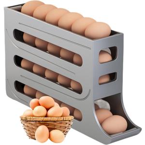 Egg Holder for Fridge, Upgrade 4 Tiers Egg Holder for Fridge, 28 Eggs Fridge Egg Rack Large Capacity Refrigerator Egg Trays, Space-Saving Automatic Egg Rolling Dispenser for Refrigerator (Grey)