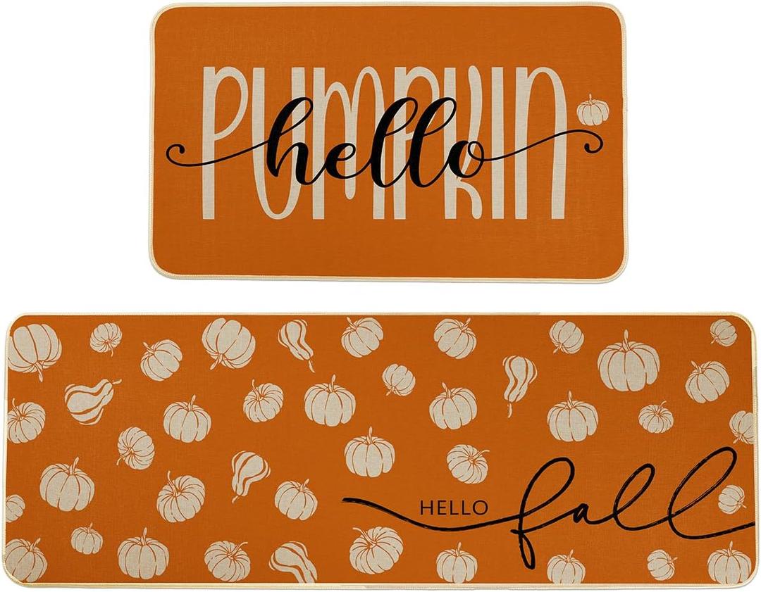 Fall Thanksgiving Kitchen Rugs Sets of 2,17x29 + 17x47 Inch,Hallo Pumpkin Orange Kitchen Mats,Non-Slip,Low Profile Floor Mat for Autumn Home Decor