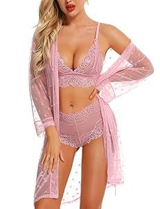 RSLOVE Women Lingerie Set with Robe - 3 Piece Lace Bra and Panty Set Sexy Sleepwear for Bridal Honeymoon Anniversary Pink XXL
