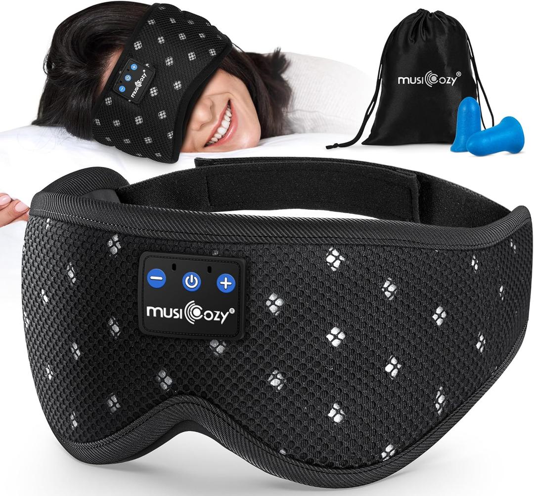 MUSICOZY Bluetooth Sleep Headphones for Side Sleepers, Wireless Headphones with Ultra-Thin Speakers in Comfortable Eye Headphone for Sleeping, Travel, Workout(Mesh Black)