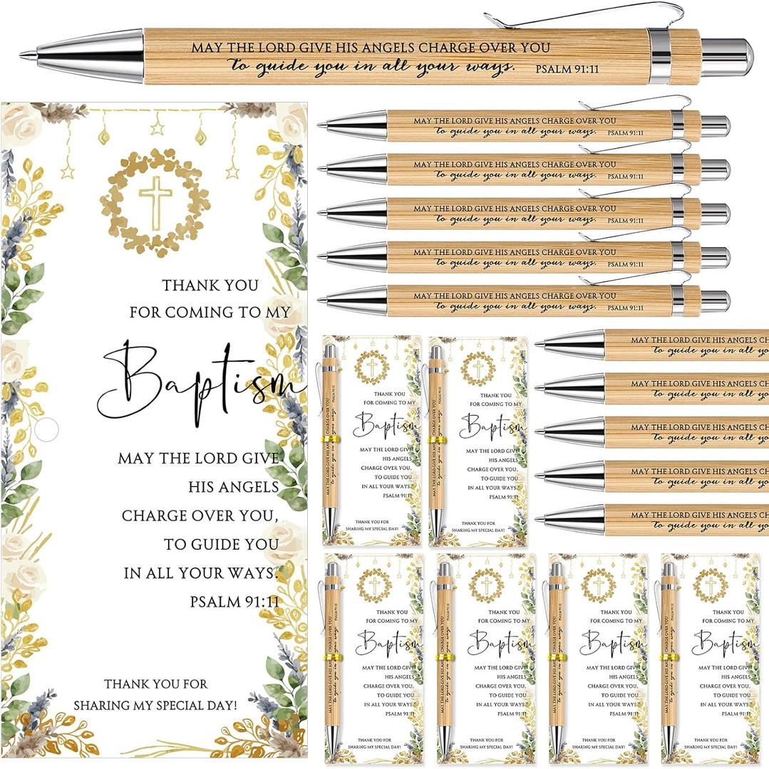 Skyygemm 50 Sets Baptism Favors for Guests 50 Baptism Quote Bamboo Pens 50 Cross Baptism Thank You Cards Baptism Souvenir for Guests First Communion Party Favors Christian Gift