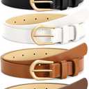 VONMELLI 4 Pack Womens Thin Leather Belt Skinny Waist Belts for Women Fashion Jeans Dress with Gold Buckle (Fit Waist Size 31"-37", Black+ Light Brown+ Dark Coffee+ White)
