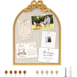Vintage Arched Linen Cork Board with Gold Bow 16"x21" Decorative Bulletin Board for Walls, Metal Frame Pin Board for Notes, Photos & Reminders, Elegant Vision Board for Home & Office
