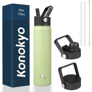 Insulated Water Bottle 24oz Stainless Steel Sport Bottles with 3 Lids,Macaron Green