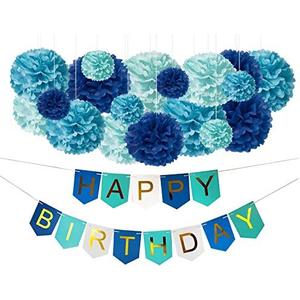 DIY Blue Birthday Decorations - Happy Bday Party Banner Sign and DIY Tissue Paper Pom-Pom Decor Kit for Kids, Teens, Boys, Girls - Under the Sea Beach Shark Whale Pool Dragon Theme Party Supplies
