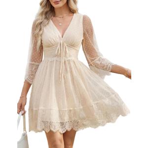 Florboom Women's Summer Boho Lace Patchwork Mini Dresses Deep V Neck Somcked Back Dress- Vacation, Wedding Guest (Beige, XL)