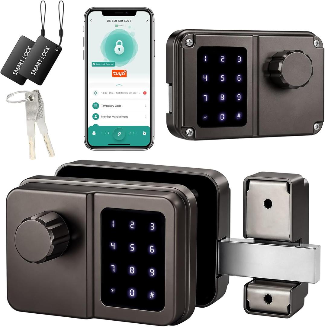 SEPOX Smart Gate Lock, Outdoor Gate Lock for Fence & Garage Door, Electronic Keyless Gate Lock IC Card, Passcode & Mechanical Key, Waterproof Rim Lock for Outdoor Garden Yard (Grey, Dual Screen)