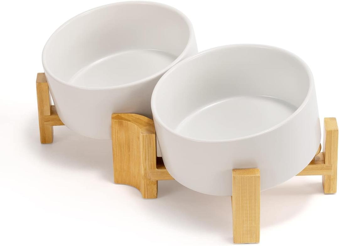 SPUNKYJUNKY 15 Slanted Ceramic Dog and Cat Bowl with Wooden Stand, Tilted Bulldog Food and Water Bowl No Slip Non-Spill for Cats Medium Dogs Big Face Pets 28.7 OZ (3.6 Cups, White  2)