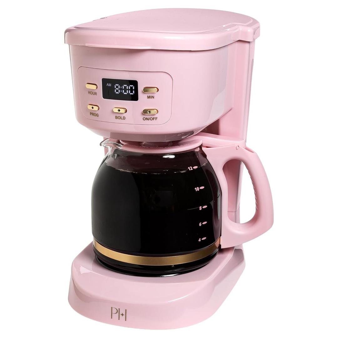 Paris Hilton Digital Coffee Maker, 12-Cup Programmable Drip Coffee Machine with Reusable Filter, Bold Brew, Auto Pause and Serve, Keep-Warm Plate, Glass Carafe, Pink
