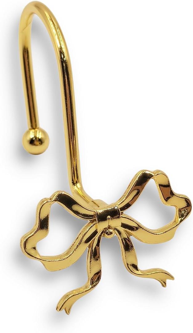 Gold Bow Shower Curtain Hooks, 12 Pack Decorative Metal Rust Proof Shower Curtain Rings for Bathroom, Elegant Cute Curtain Hangers for Standard Shower Rods