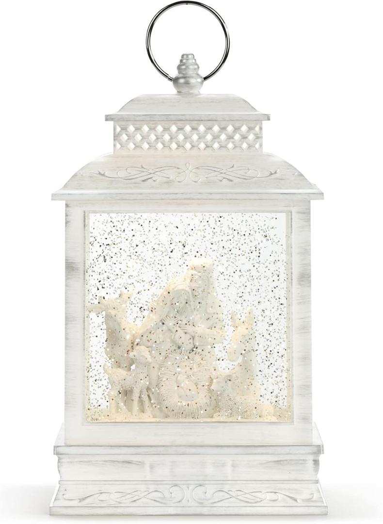 DEMDACO Distressed White Nativity LED 10 x 6.25 Acrylic Musical Snow Globe Christmas Lantern Plays Silent Night Away in A Manger