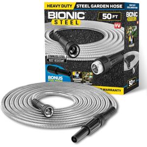 BIONIC STEEL 50 Ft Metal Garden Hose with Sprayer Nozzle, Non Kinking Designed Stainless Steel Heavy Duty Water Hose 50Ft x 5/8 in. Ultra Flexible NON Expandable for Uninterrupted Water Flow, 500 PSI