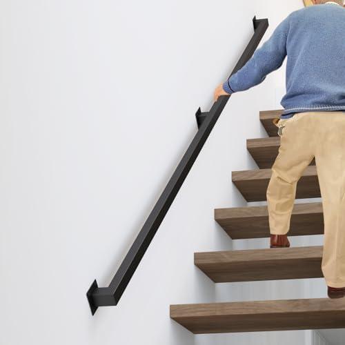 6FT Stair Railings Indoor, Black Iron Railings for Stairs, Industrial Handrail Wall Mounted, Hand Railing for Stairs Indoor 500lbs Load Capacity, Sturdy Stair Railing for Loft Porch Deck, 2 Sections