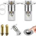 2Pcs Universal Bathroom Sink Stopper Pop Up Drain - 3 in 1 Removable Stainless Steel Strainer Hair Catcher, Brass Core Filter Basket for 1.1"-1.45" Sink BasinSilver