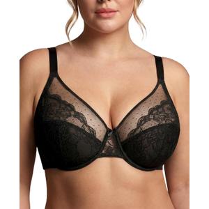 Minimizer Bras for Women Lifting Full Coverage Underwire Lace Bras Plus Size Unlined Breathable Bra for Heavy Breast (Black, 36I)