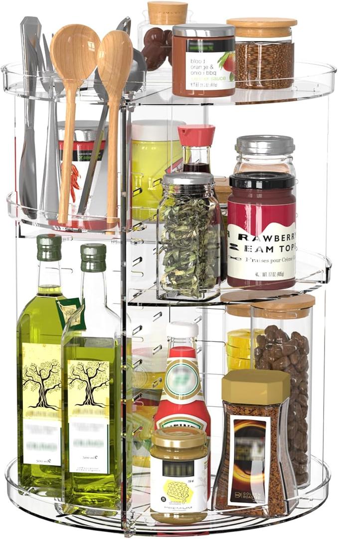 360 Rotating Spice Rack Organizer for Kitchen Countertop, Tiered Lazy Susans, Adjustable Height, Space Saving Spice Shelf with Non-Slip Base, Revolving Seasoning Organizer for Cabinet Pantry