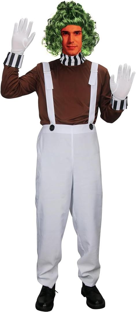 HLENOK Adult Men Candy Chocolate Factory Worker Costume Shirt Jumpsuit Gloves Wig Outfit Halloween Cosplay Costumes Props (Medium)