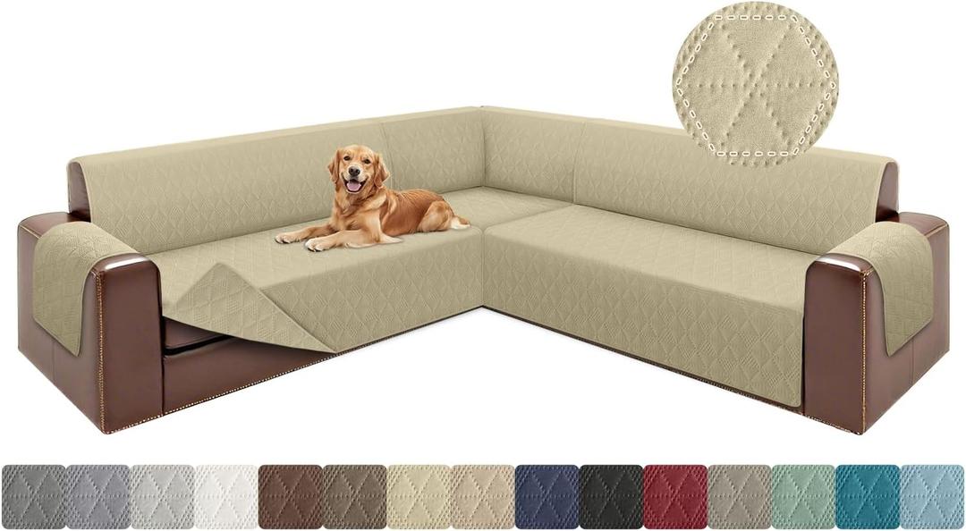 ALIECOM Corner Sectional Couch Covers L Shape Sofa Covers Washable Reversible Couch Cover for Sectional Slipcover U Shape Pet Dogs Furniture Protector with Elastic Straps (Beige, Large)