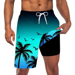 TUONROAD Mens Swim Trunks with Compression Liner 2 in 1 Board Shorts 9 Inch Quick Dry Swimming Trunks with Pockets (XX-Large, Mint Blue Gradient)