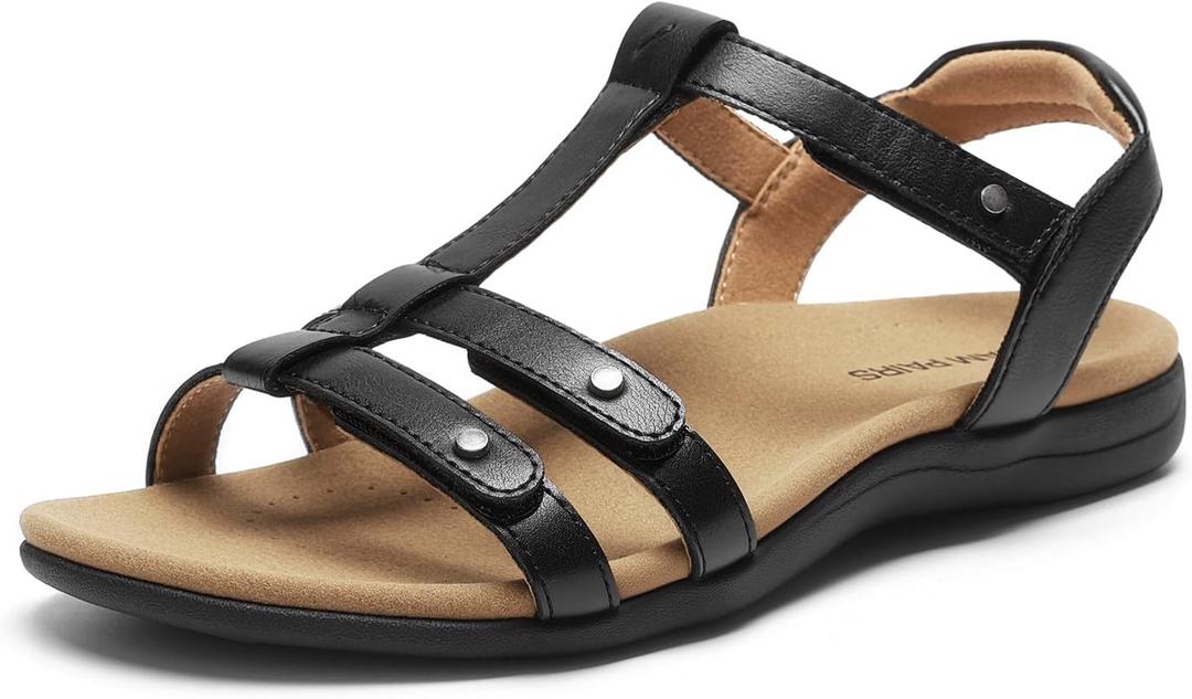 DREAM PAIRS Women's Flat Sandals with Arch Support Adjustable Strappy Comfort Walking Sandals Casual Summer Everyday Shoes 8