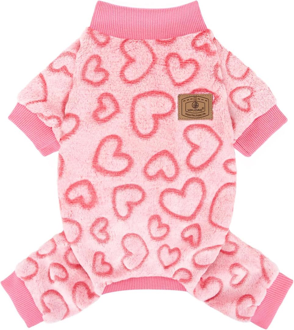 XPUDAC Dog Pajamas Heart Fleece Dog Sweater Winter Puppy Clothes for Small Medium Dogs Girl Pet Holiday Clothes Doggie Outfits for Valentines Day, M (Chest:15-16.9")