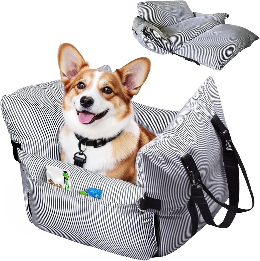 Dog Car Seat for Medium/Small Dogs,Pet Car Seat Travel Bed Detachable Washable Dog Booster Seats Under 30 lbs,Portable Cars Travel Carrier Bed with Storage Pockets and Dogs Safety Belt (Gray stripe)