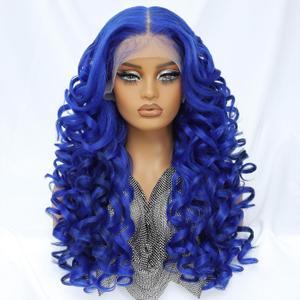 Felek Blue Synthetic Wig 13x6 Lace Front Wigs for Black and White Women Loose Wave HD Transparent Lace Frontal Wigs Pre Plucked Wear and Go Glueless Long Curly Wig 24 inch