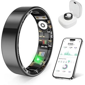 Smart Health Ring, Featuring Stress and Sleep Monitoring Functions, Compatible with iOS and Android,Waterproof Fitness Tracker for Women & Men, No Subscription Fee. (Black, 7)