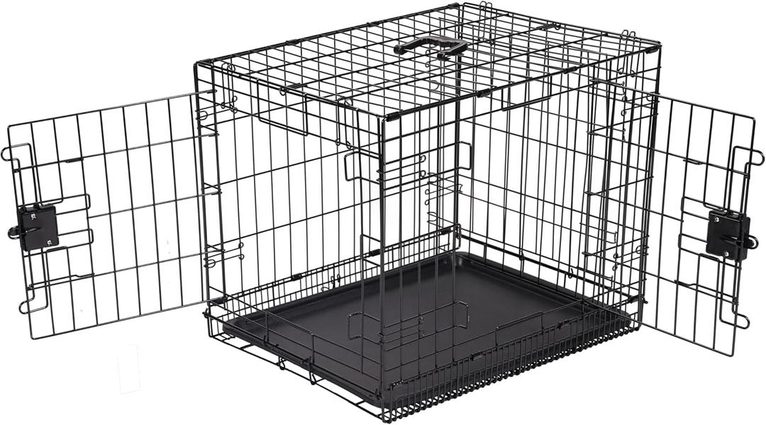 Amazon Basics Foldable Metal Wire Dog Crate with Tray, Double Door, 30" x 19" x 21", Black