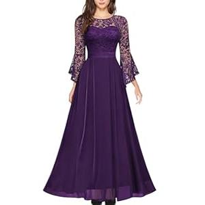 MISSMAY Women's Formal Lace Chiffon Bell Sleeve Wedding Party Long Dress Size S