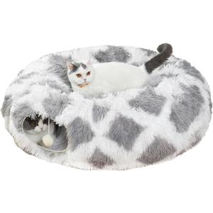 LUCKITTY Warm Fluffy Plush Cat Tunnel Bed with Washable Cushion- Big Tube Playground Toys 3 FT Diameter Collapsible, for Indoor Cat Kitty Kitten Puppy Rabbit Ferret Gray-White Diamond Pattern (Light Grey)