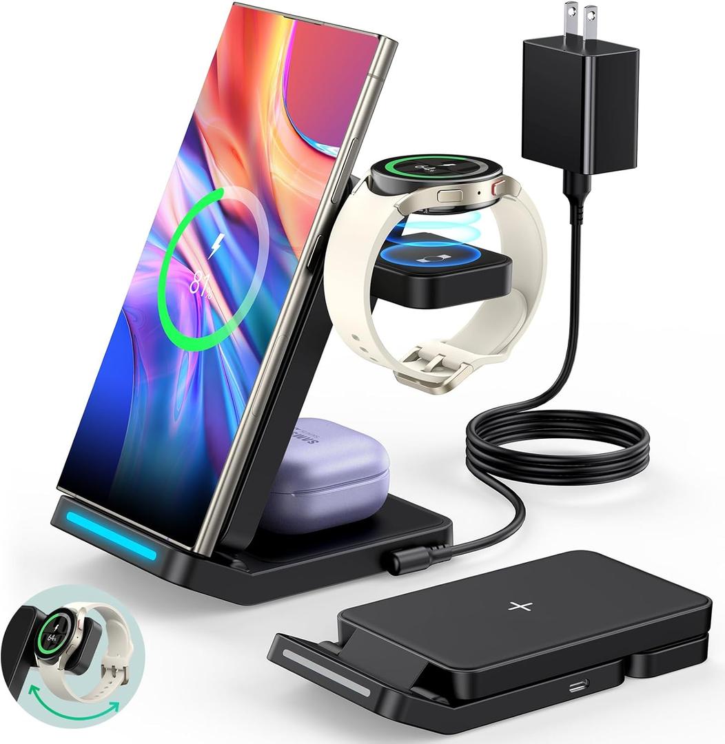 Foldable Wireless Charger for Samsung, 3 in 1 Fast Samsung Charging Station for S25 Ultra S24/S23/S22/Z Fold 7/6/Z Flip/Note, Rotatable Samsung Watch Charger for Galaxy Ultra/8/7/6, Galaxy Buds, Black