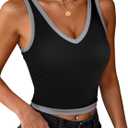 Hilinker Women V Neck Crop Tank Tops Sexy Color Block Workout Sleeveless Shirts (Black Grey), XL