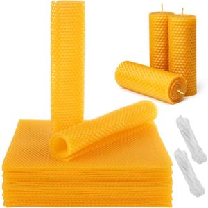 Oungy 24pcs Beeswax for Candle Making DIY Candle Making Kit Beeswax Sheets Include Cotton Wick, 8x8 inch