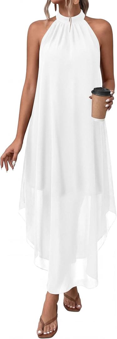 PRETTYGARDEN Womens Flowy Maxi Dresses Summer 2026 Halter Sleeveless Long Asymmetrical Spring Dress Beach Vacation Sundress Small