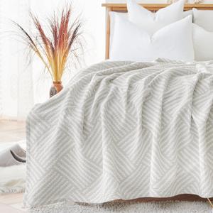 jinchan Boho 100% Cotton Blanket Muslin 50x60 Inches Lightweight 3-Layer Geometric Square Striped Pattern Reversible Quilt Throw Soft Breathable Comfy All Seasons for Couch Bed Decor, Light Grey