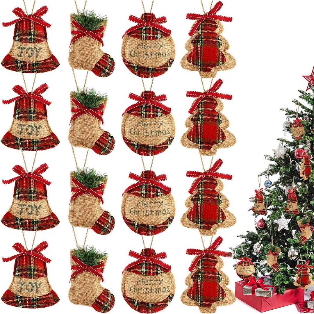 WILLBOND 16 Pcs Rustic Burlap Christmas Tree Ornaments Bulk Farmhouse Country Christmas Decorations Red Buffalo Plaid Stocking Hanging Ornaments for Xmas Holiday Family Office Party Gifts Decor