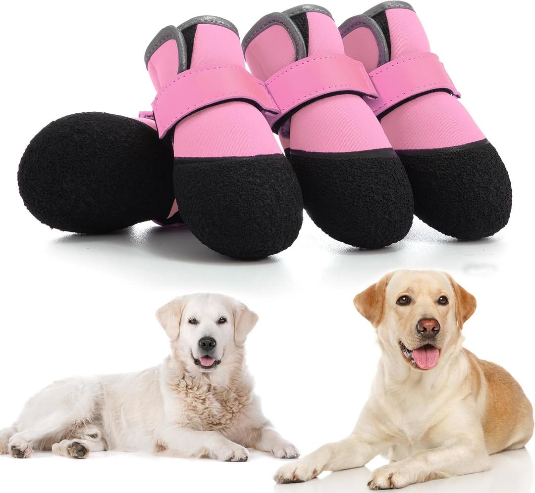 Dog Shoes, Outdoor Dog Boots Non-Slip Waterproof Dog Booties for Medium to Large Dogs 4Pcs for Winter Snowy Day, Summer Hot Pavement with Rugged Sole Pink (Size 5:2.51''x2.36'')(L*W) for 41-60lbs)