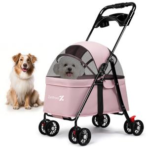 Dog Stroller, 4 Wheels Pet Stroller for Small Dogs & Cats, One-Click Foldable Cat Strollers Up to 33 Ibs with Sun Shades, Cup Holder and Breathable Mesh, Easy Assembly 
