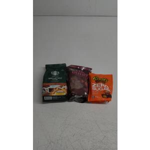Starbucks Breakfast Blend Medium Roast 18oz 02/02/2026, Nature's Path Organic Love Crunch 11.5oz 08/31/2025, Reese's Miniature Cups 5.1oz, Best By: 09/2025