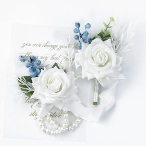 Wrist Corsage Wristlet and Boutonniere for Wedding Bridesmaid Mother Grandmother for Bridal Shower Wedding Artificial Roses Flower Prom Set of 2 (White)