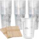 XUXU 100pcs 8oz Graduated Clear Plastic Measuring Cups with 100pcs Wooden Stirring Sticks for Mixing Paint, Pigments, Epoxy Resins, Resins