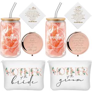 8 Pack Mother of the Bride Groom Gift Set - Includes 16oz Glass Cup Cosmetic Make up Bag Pocket Mirror Handkerchief, Engagement Anniversary Wedding Day Gifts for Mom Mother in Law(Floral)