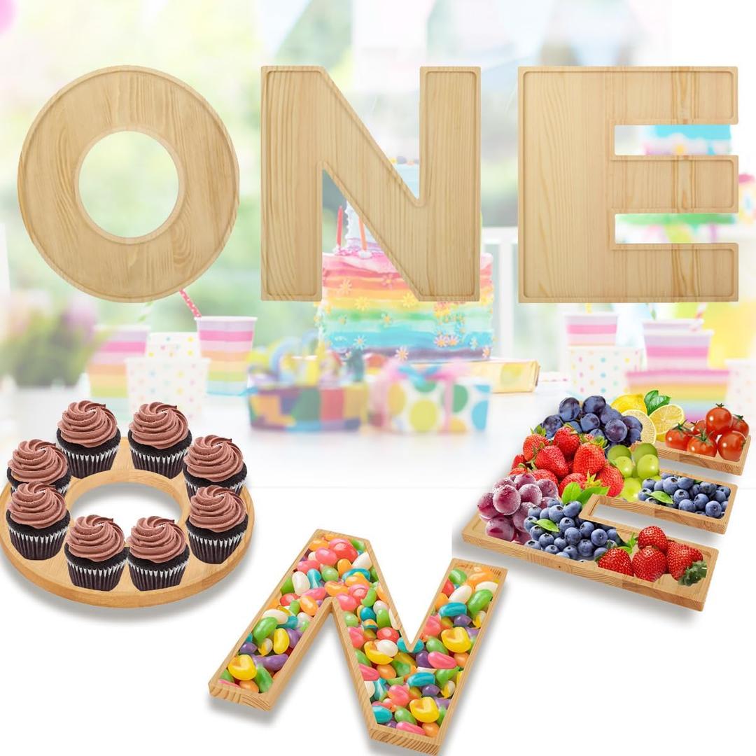 Baby Shower Charcuterie Letter ONE 3PCS Fillable Letter Trays for Food, Cupcake Chocalater Candy Wood Decorative 12 Inch Tray for 1st Birthday Baby Shower Party Food Dessert Table (ONE-Brown)