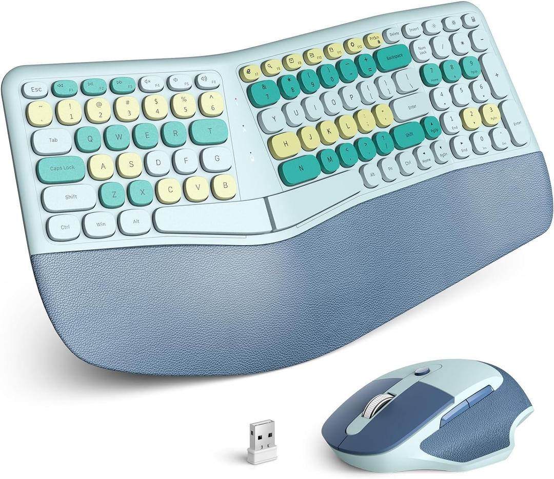 KNOWSQT Ergonomic Wireless Keyboard and Mouse Combo Coral - 2.4G Split Colorful Keyboard with Wrist Rest, 3 Level DPI Adjustable Optical Mouse for Windows, Computer, PC, Laptop (Green)