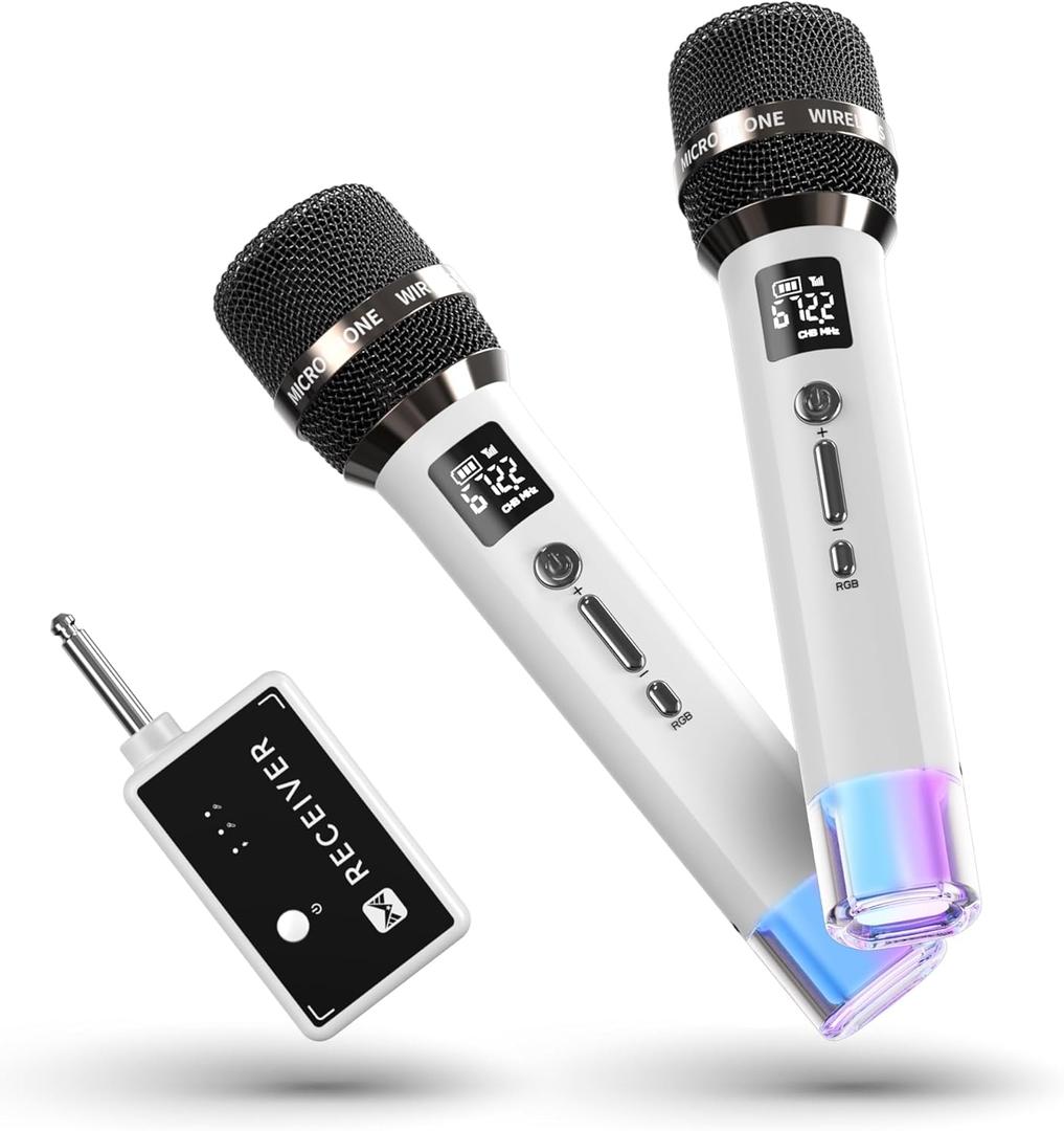 Wireless Microphones, Microphone with One-to-One Chip Connection and LED Lights, 40H Duration, 200FT Range Receiving, Volume Control Karaoke Microphone for Singing, Speech, Home Party, YouTube/TikTok (White)