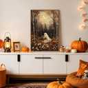 Vintage Cute Ghost Holding Flowers 16x24 Halloween Wall Art, Autumn Birch Forest Crescent Moon Framed Canvas Print, Cozy Orange Flowers Artwork Rustic Fall Spooky Bedroom Home Decor
